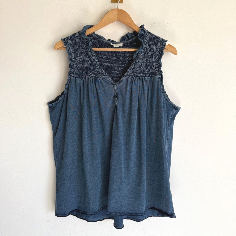 Sundance Smocked Tank Top Blue Cotton Ruffle Boho Cottagecore Coastal Prairie XL